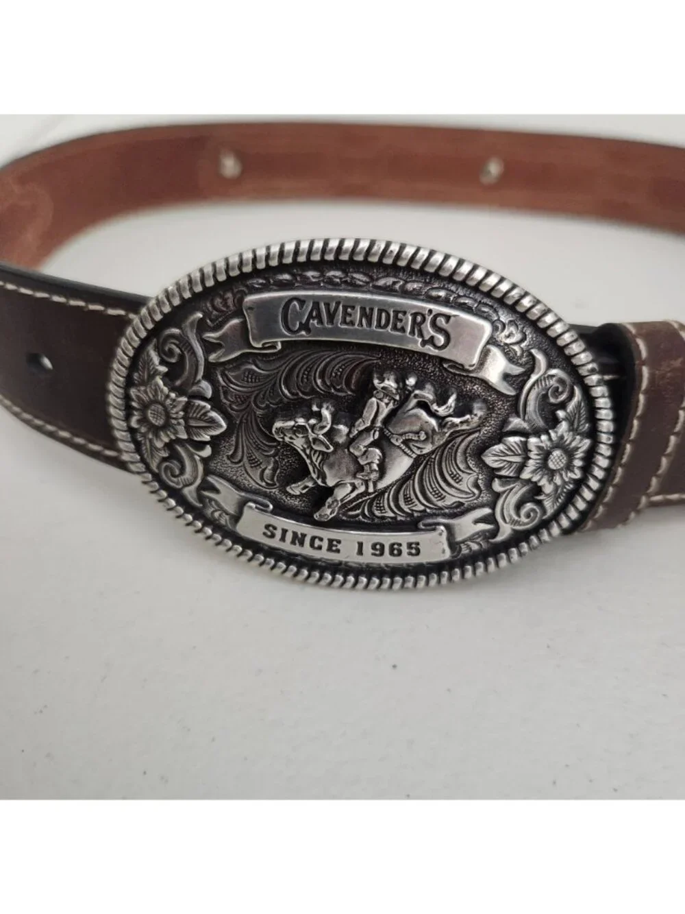 Cavenders Brown Leather Belt With Western Buckle & Detailing - Rodeo Style Pre-O